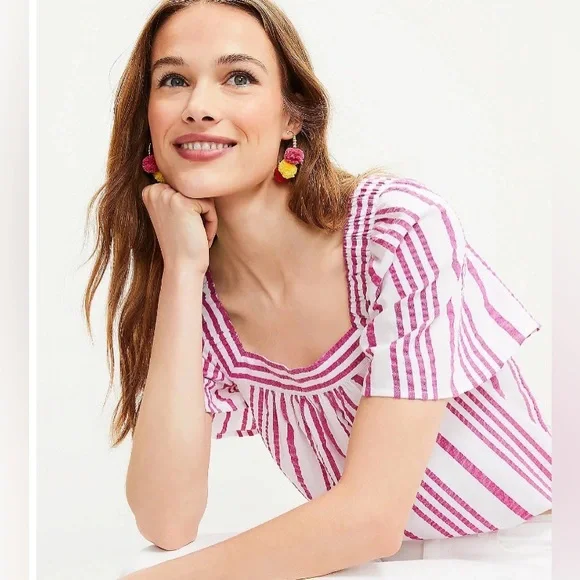 LOFT Square Neck Flutter Sleeve Pink Stripe Top Size M - Picture 2 of 3